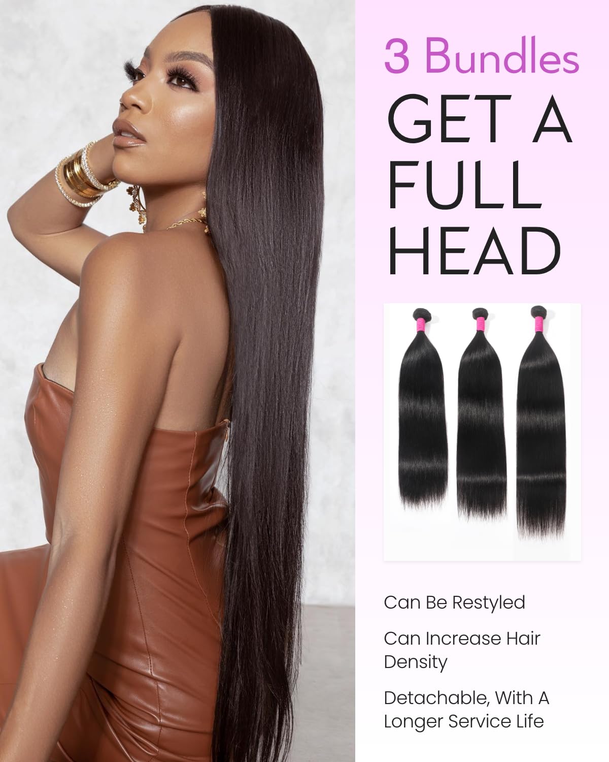 Arabella 3 Straight Bundles Human Hair 18 20 22 Inch Natural Black Hair Bundles 100% Unprocessed Brazilian Virgin Hair 10A Weave Sew in Double Weft Bundles Human Hair