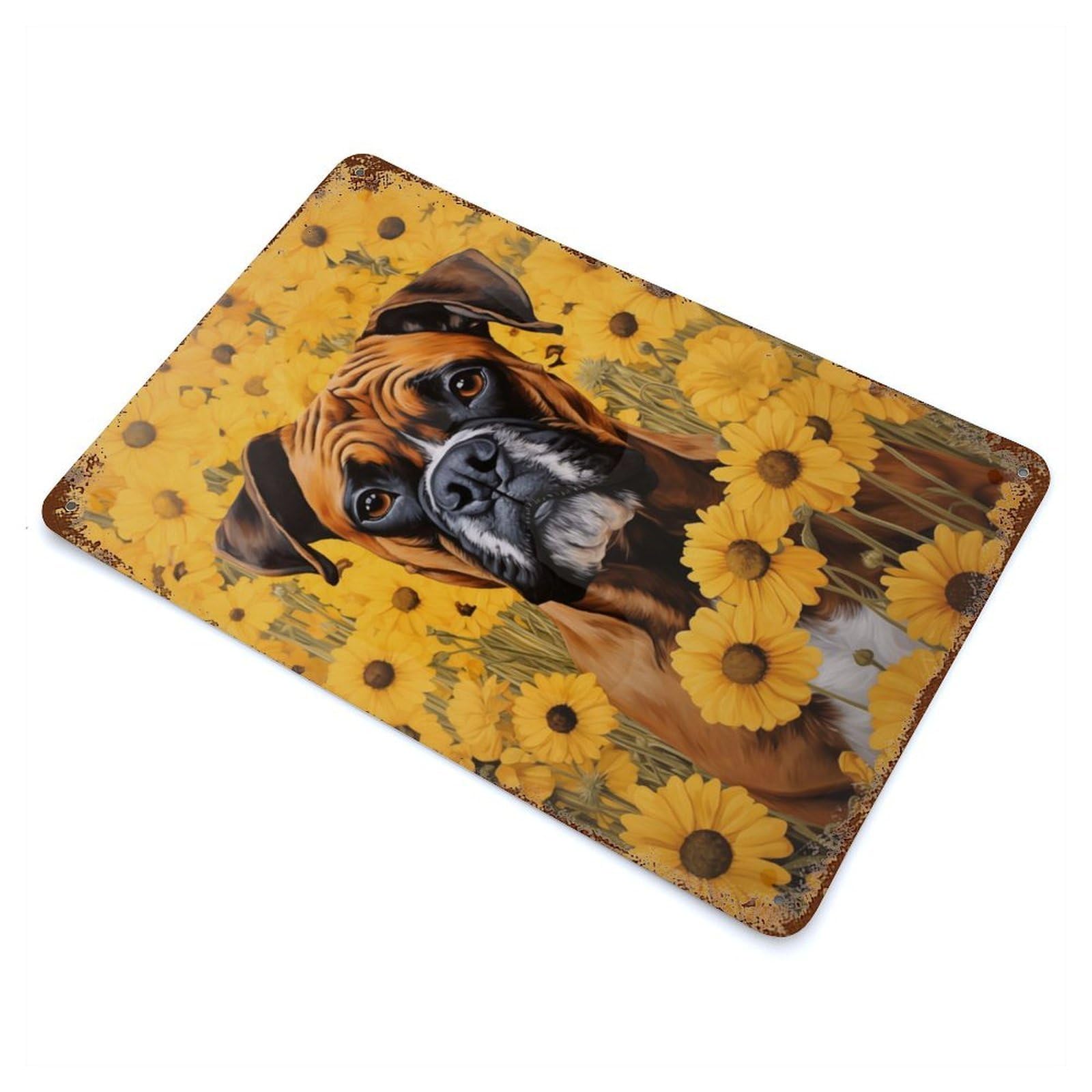 Boxer Dog in Sunflowers Rustic Tin Plaque 11.8"x7.9", for Shed, Workshop And Garage Wall Decor, Farmhouse Wall Decor