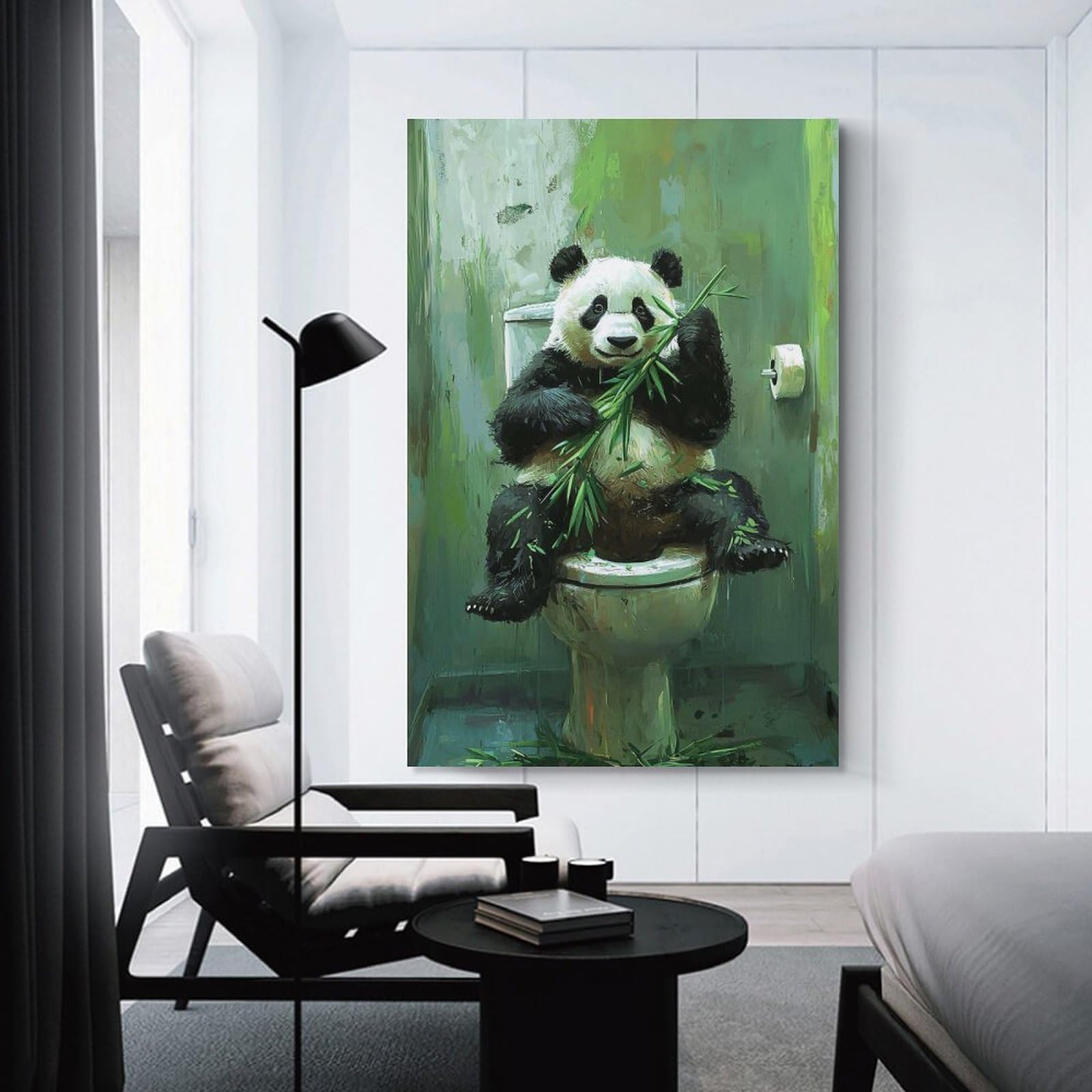 Junmoney Panda on Toilet Canvas Wall Decor, 20x30inch(50x75cm), for Flats, Guest Rooms Or Compact Rooms, Decorative Canvas Decor for Home Updates