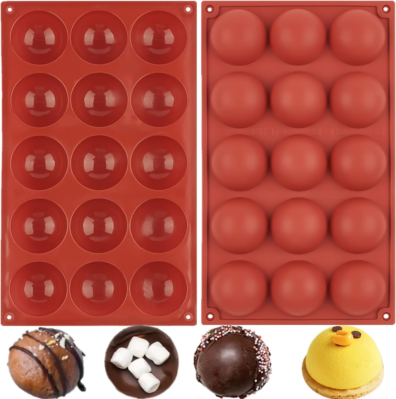 JOERSH 2 Inches Semi Sphere Silicone Mold Chocolate Bombs Mold Half Round Shape Baking Mold for Hot Cocoa Bomb, Cake, Jelly, Pudding, Dome Mousse (15 Cavities, Pack of 2)