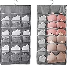 سلال تخزين مزدوجة الجوانب للتعليق في الخزانة مزودة بجيوب لتخزين الملابس الداخلية والشرابات الكولون وحمالات الصدر رمادي شبكة 12+18 مادة صناعية