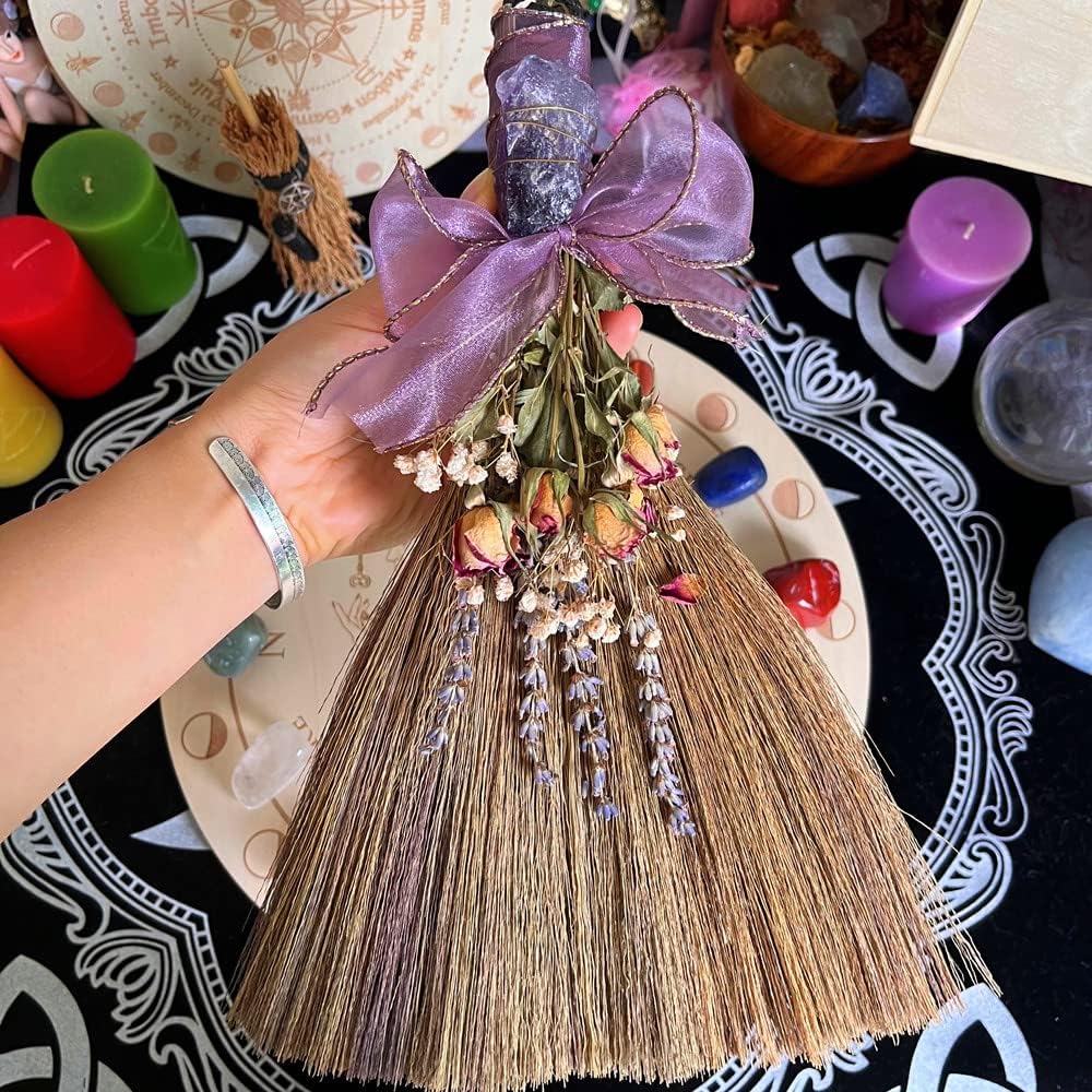 OKDOKEY 12.2" Witch Altar Broom | Amethyst Crystal Deco Wicca Brush | Handmade Miscanthus Broomstick for Majic Ceremonial, Wall Decor, Wiccan Ritual Broom
