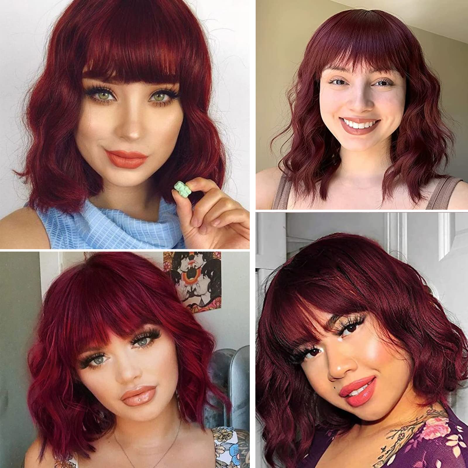 MAGI&MEET Wavy Short Red Wigs with Bangs for Women Burgundy Bob Wig Shoulder Length for Fashion Curly Hair 150% Density Synthetic Heat Resistant Fiber for Daily Cosplay