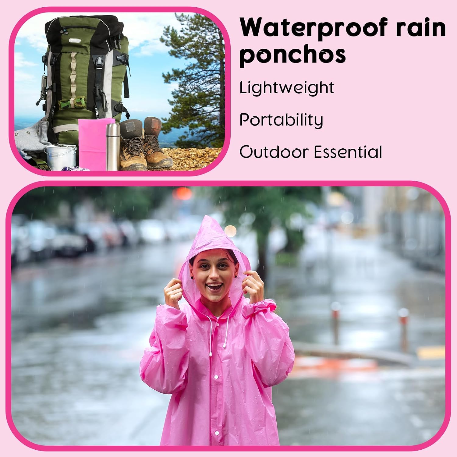 Rain Ponchos for Adults Reusable Rain Coats with Hood and Drawstring Thicken Ponchos Waterproof for Women(Pink)