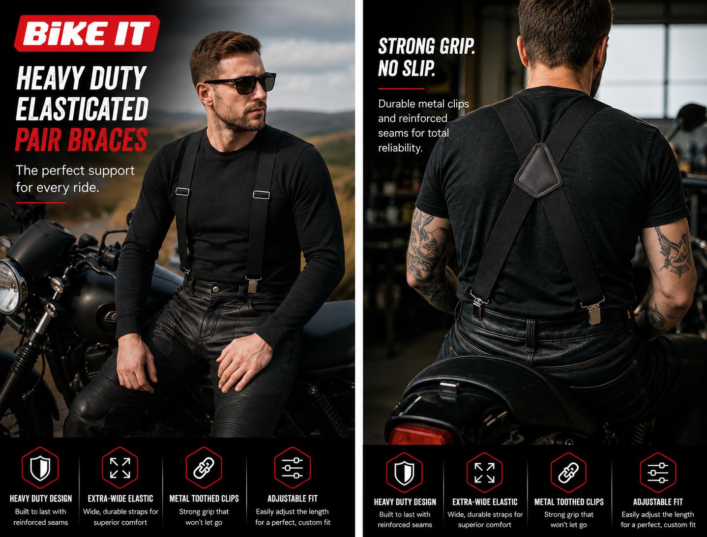 BIKEIT HEAVY DUTY ELASTICATED PAIR BRACES Motorbike Biker Rider Braces For Mens Pant Trouser