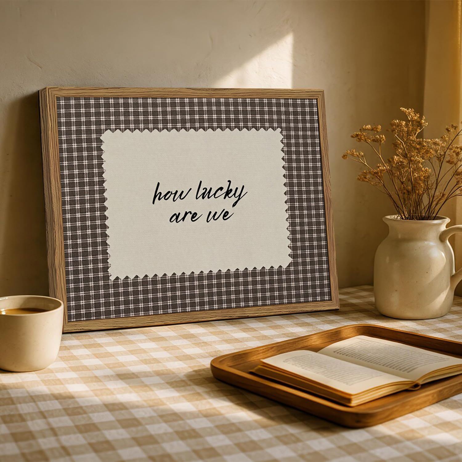How Lucky Are We Wall Art, Vintage Gingham Inspirational Wall Decor Painting Funky Preppy Quote Canvas Poster Picture Print for Apartment Living Room Bedroom 16x24 inch Wood Framed image 3