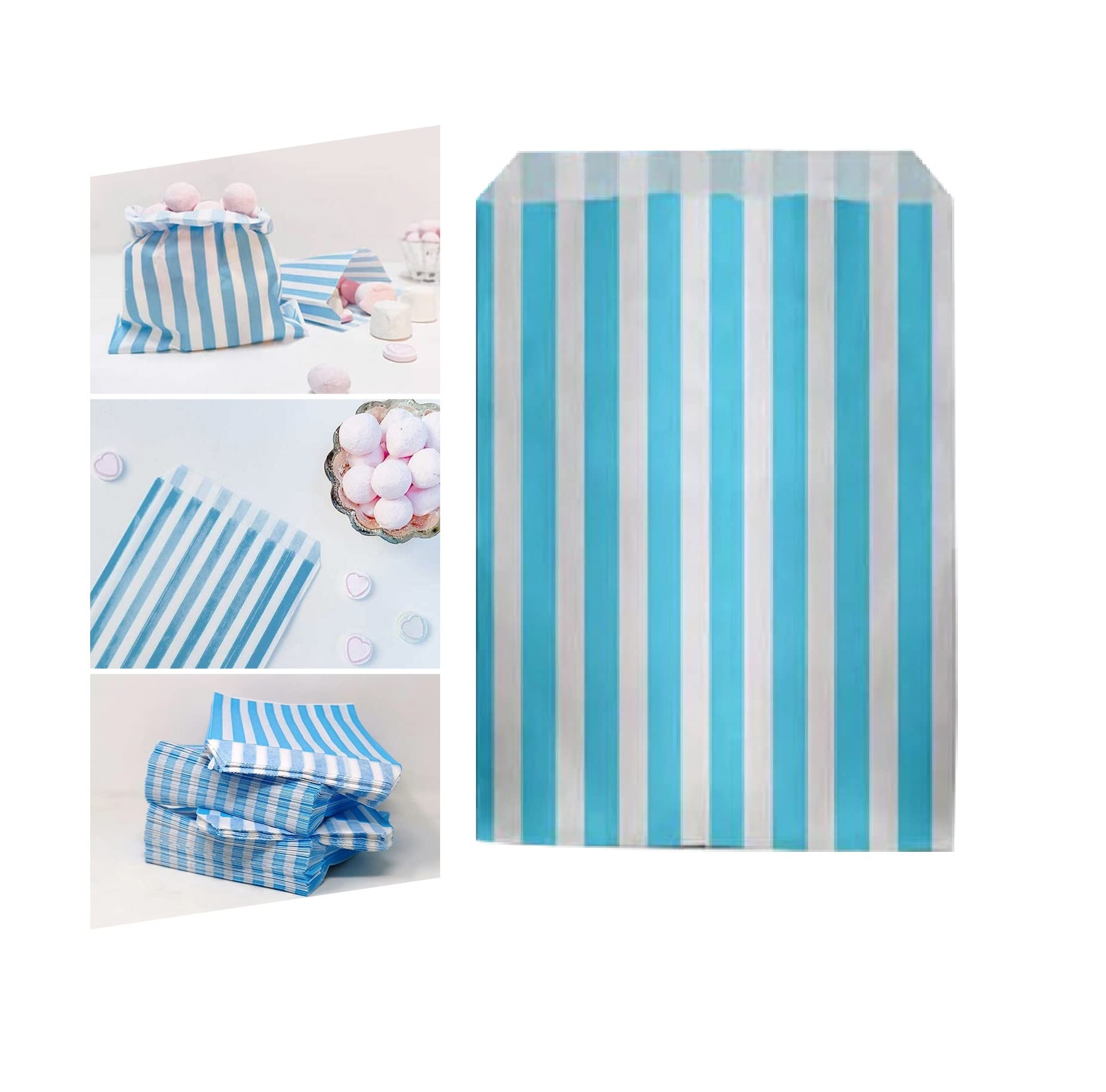 Candy Paper Bags 7" x 9" 1000Pcs Aqua Striped Sweet Favour Bags for Christmas Party Chocolates Desserts By Tezraftaar®