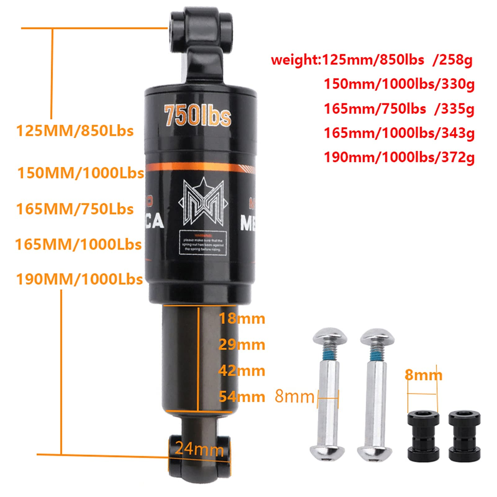 Zawieszenie Rowerowe Amortyzator Rowerowy Tylny Amortyzator Ze Stopu Aluminium do MTB Mountain Road Bike Shock 125/150/165/190mm(Size:165mm/1000Lbs)
