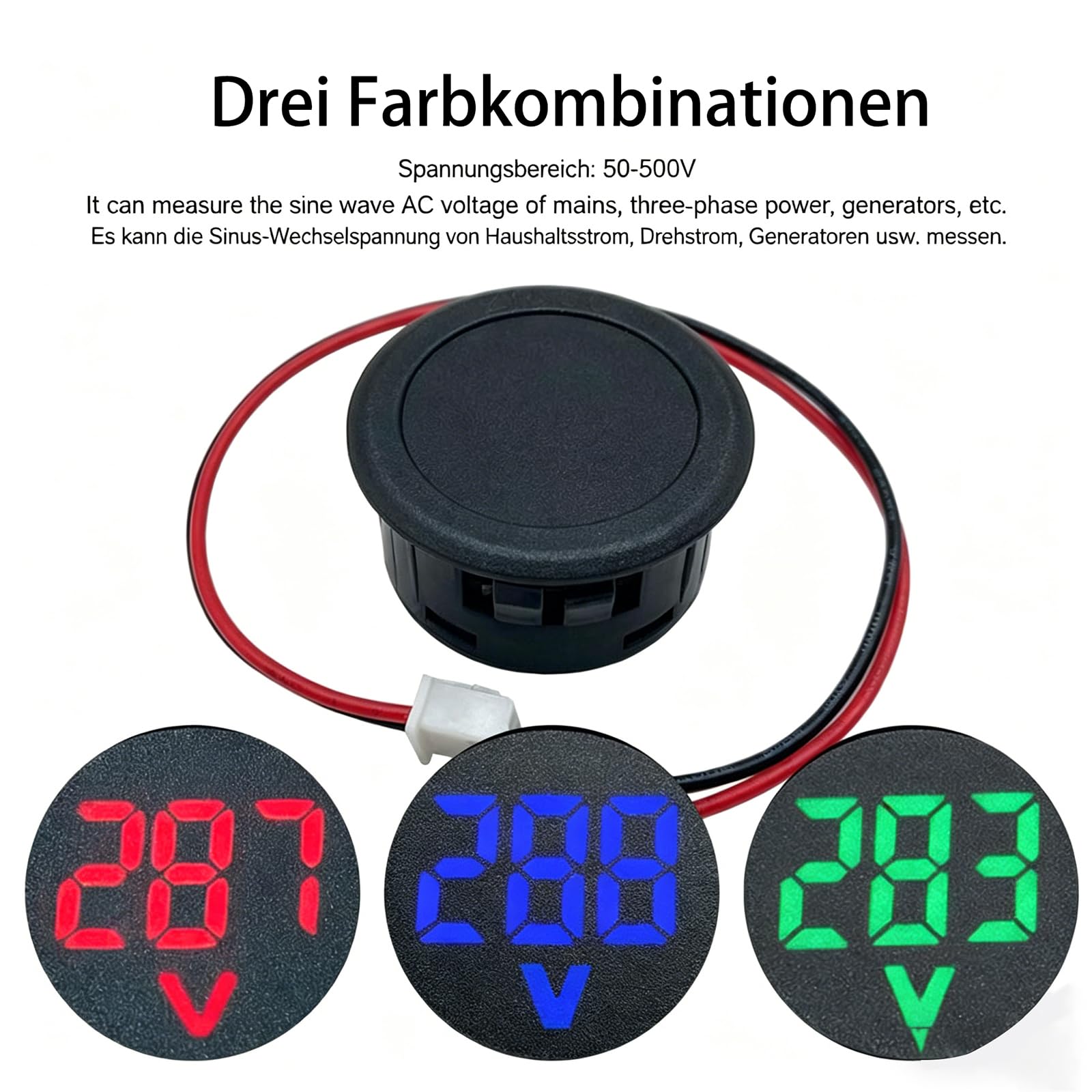 Cyfrowy woltomierz LED 4-100 V DC, okrągły miernik napięcia z wyświetlaczem LED, zestaw 3 szt. w kolorze czerwonym, niebieskim, zielonym