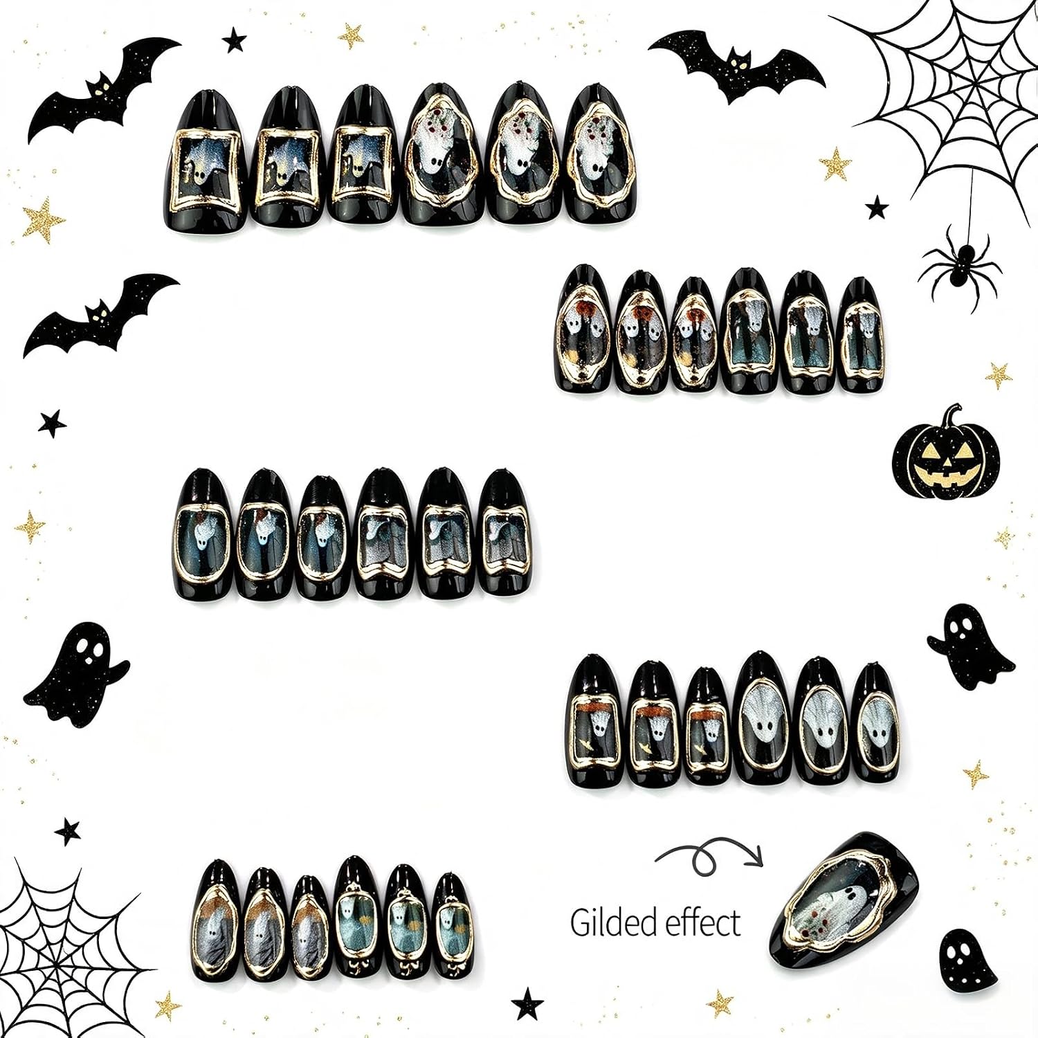 Retro Gilding Halloween Fake Nails Medium Almond Press on Nails