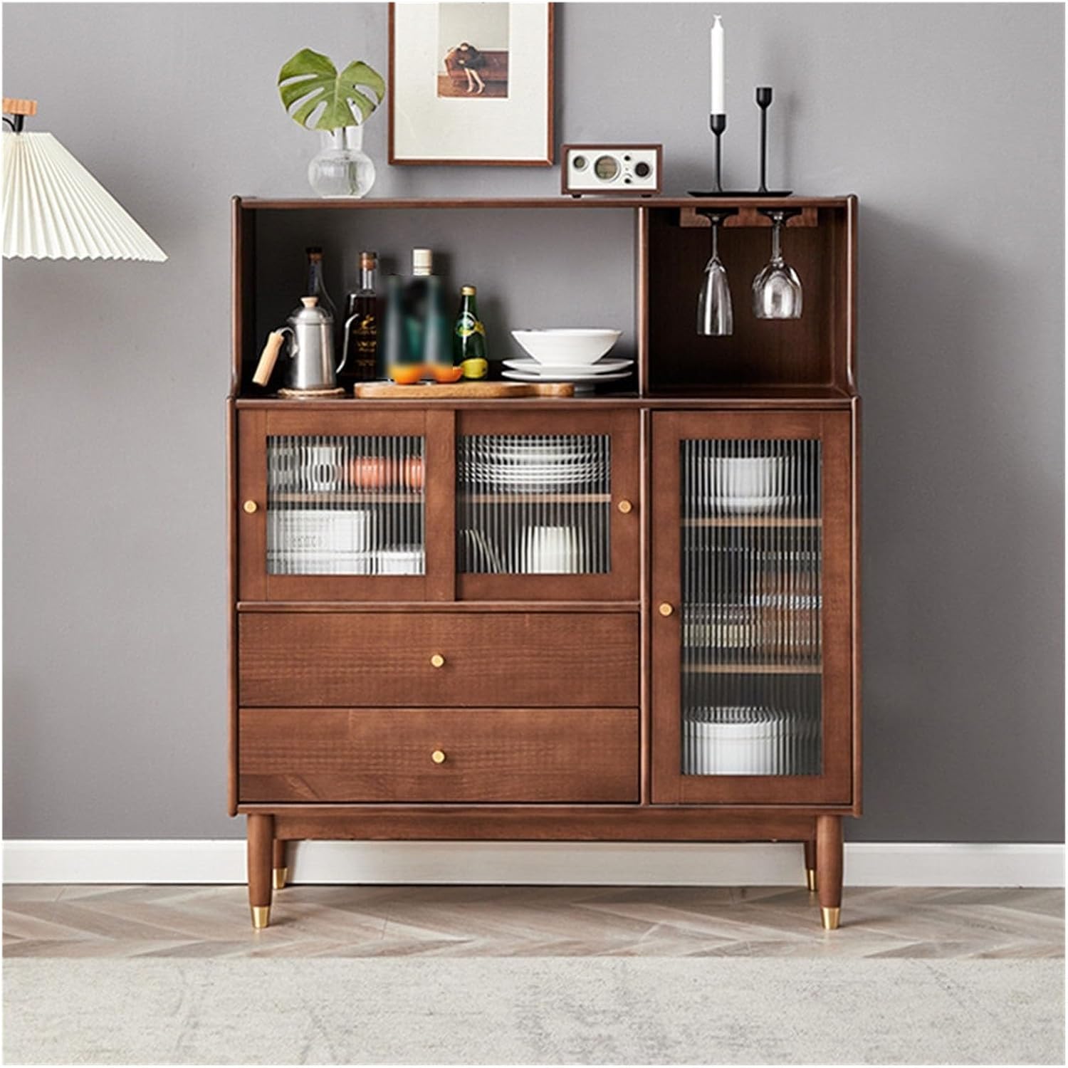 Sideboard Cabinet Bar Cabinet Sideboard, Accent Kitchen Storage Cabinet with Glass Doors, Accent Cabinet for Living Room, Dining Room, Bedroom Sideboard Cabinet with Drawers(70 * 40 * 128cm)