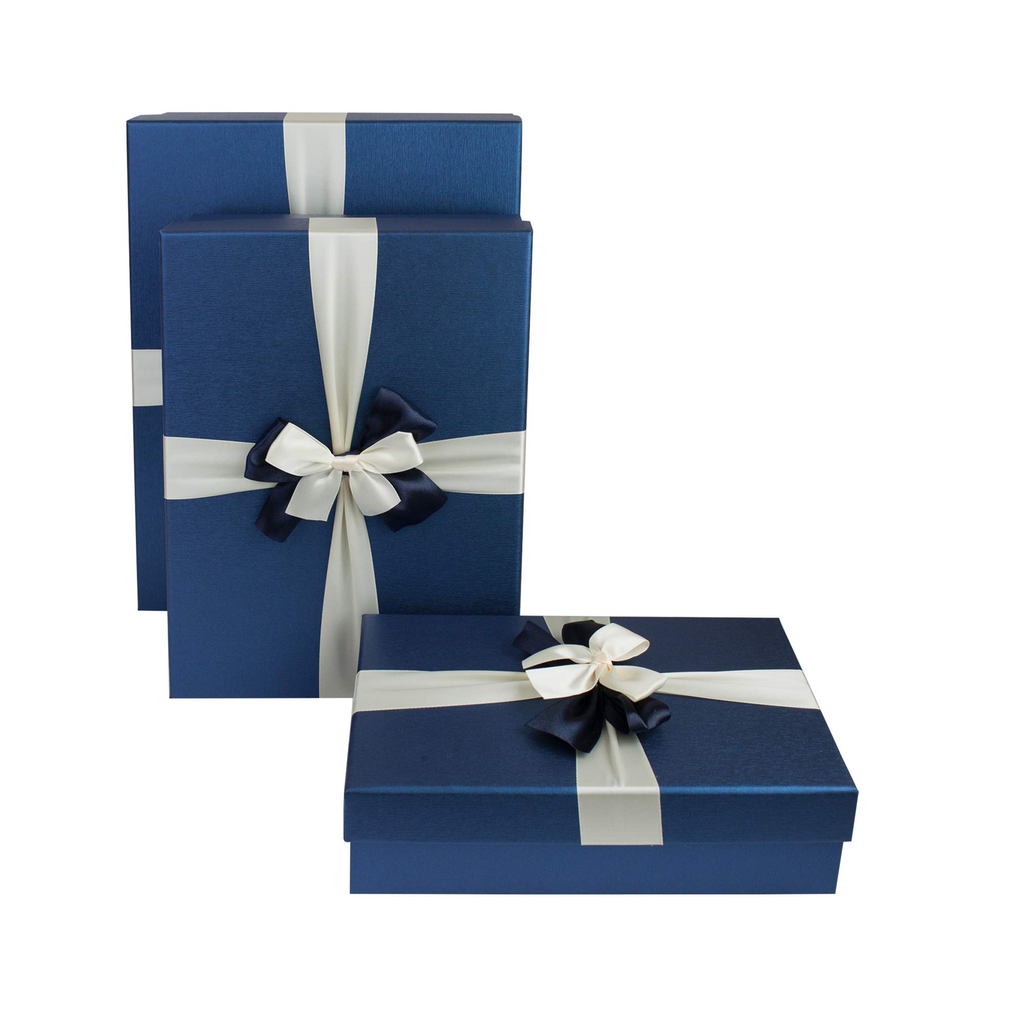 Emartbuy Blue Rigid Gift Box with Ribbon Set of 3 – Large, Medium, Small – Luxury Cardboard Presentation Box|Premium Packaging for Hampers, Birthdays, Weddings, Corporate Gifting
