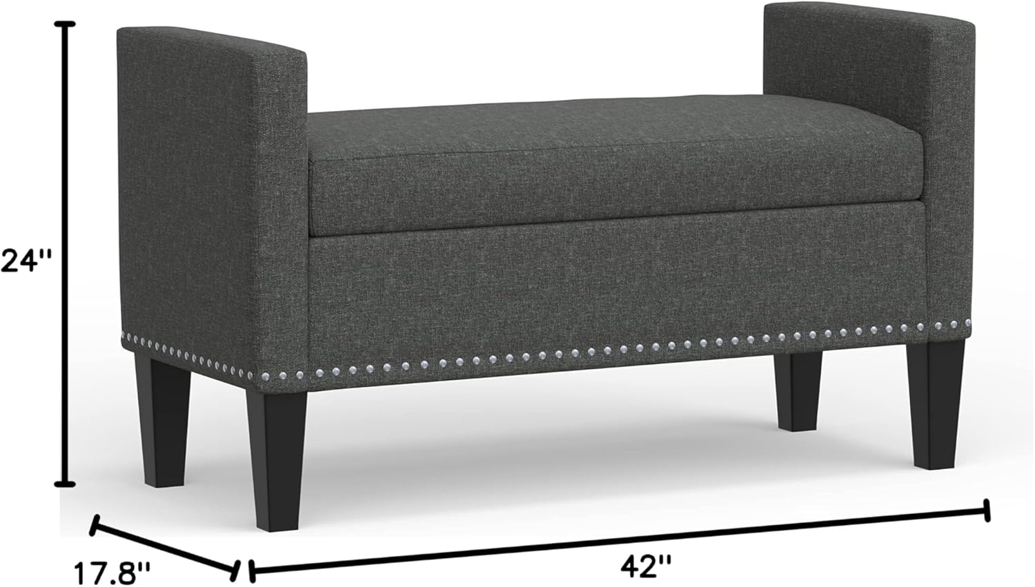 Glenwillow Home 42" Upholstered Storage Bench with Track Arms, Wood Legs, and Nailhead Trim in Dark Gray