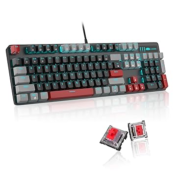 Mechanical Gaming Keyboard, 104 Keys White Backlit Keyboard with Red Switches Double-Shot Keycaps, MageGee USB Wired Mechanical Computer Keyboard for Laptop, Desktop, PC Gamers(Black & Gray)