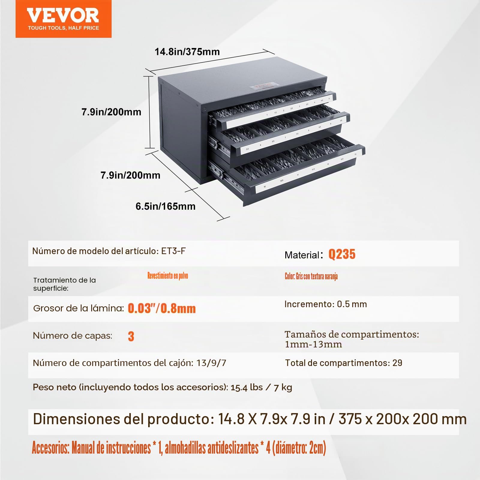 VEVOR Dispensador de Brocas 29 Compartimentos Etiquetados Caja de Almacenamiento de Brocas 1-13 mm con 3 Cajones Estuche de Taladro Vacío 37,5x20x20 cm Apilable Fácil Identificación para Taller