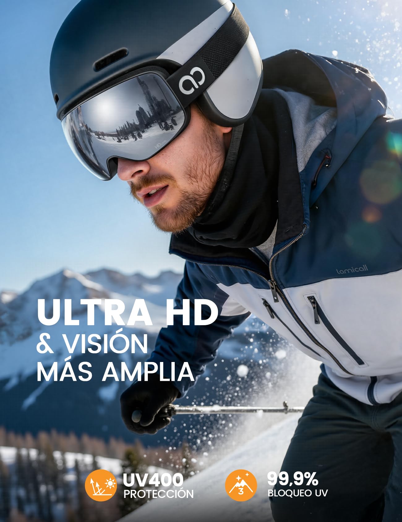 Lamicall Gafas de Esquí Hombre, Gafas Ski OTG HD Lente Esférica Antivaho Patentado UV400 Protección