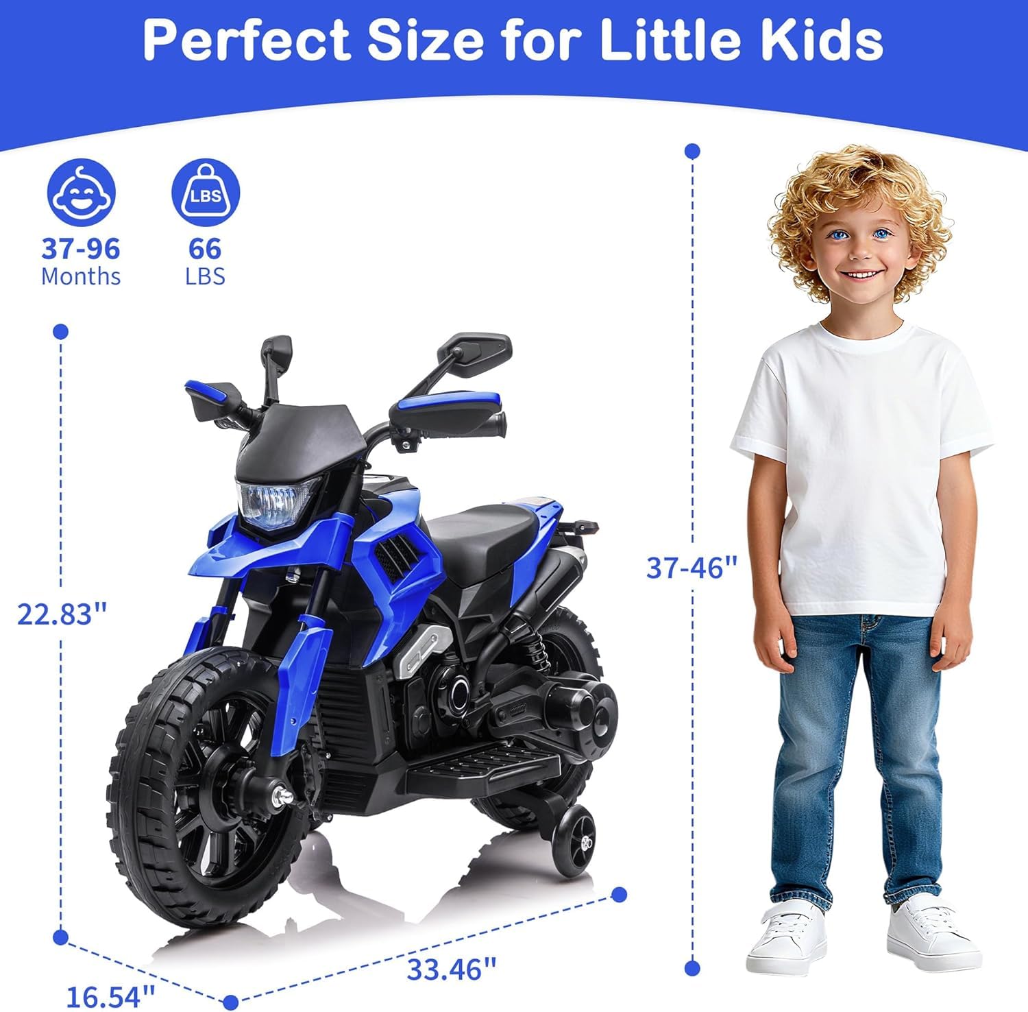 Elektro-Motorrad Kinder 6V mit Stützrädern, Kindermotorrad mit LED und Musik, Akku 6V4Ah, Belastbarkeit 25 kg, Elektrisches Spielzeug für Jungen und Mädchen 3-6 Jahre, Blau