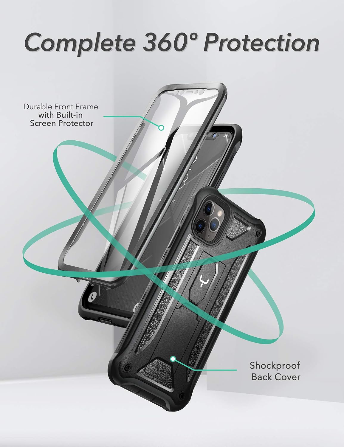 YOUMAKER iPhone 11 Pro Max Case, with Built-in Tempered Glass Screen Protector and Kickstand Heavy Duty Protection Shockproof Cover for 11 Pro Max iPhone case 6.5 Inch-Black
