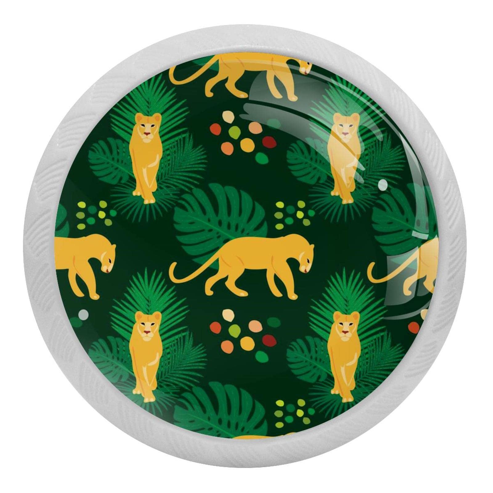 Poignées rondes fluorescentes de placard motif lions et plantes - Lot de 4 boutons avec 8 vis