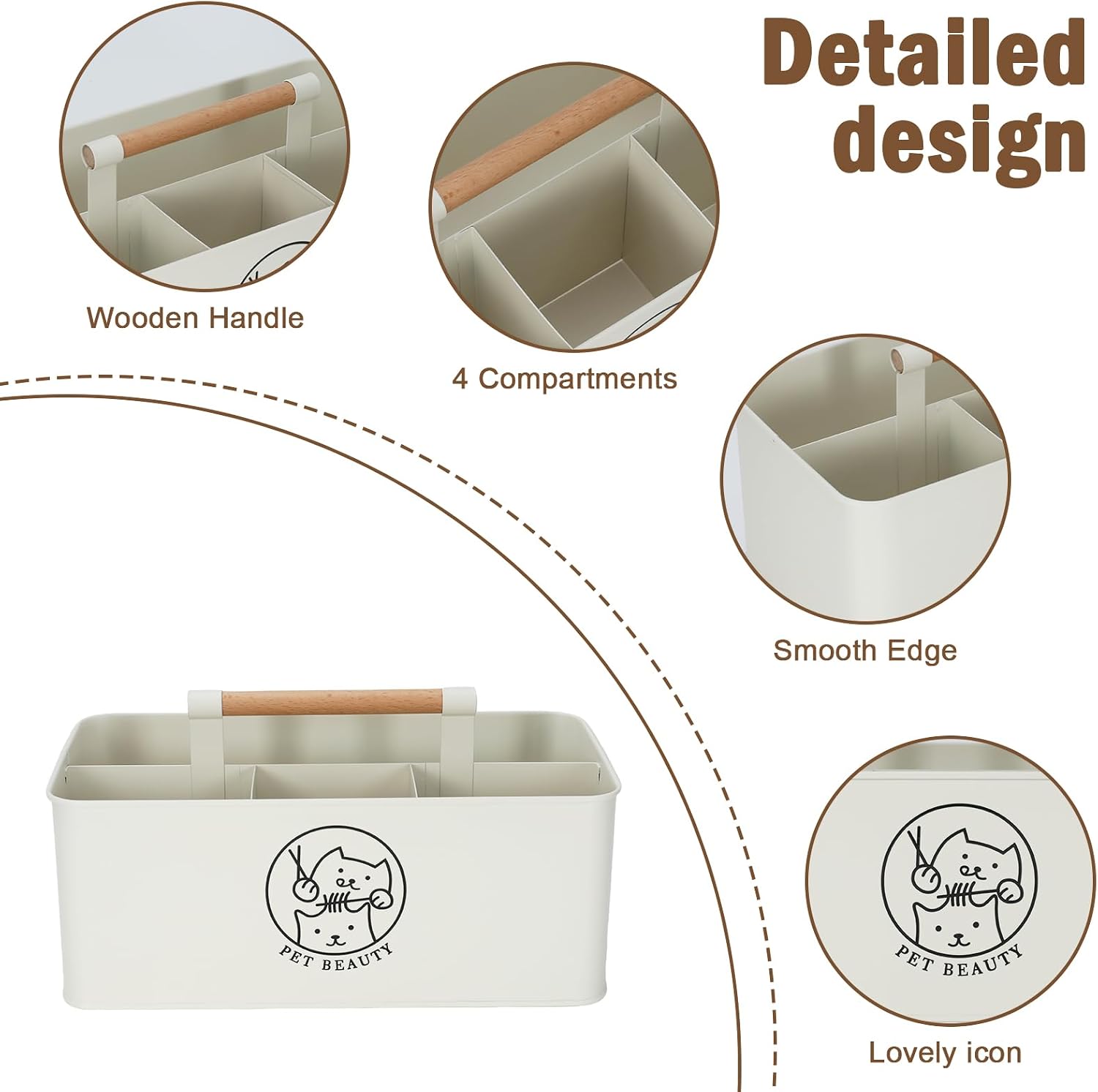 Premium Dog Cat Grooming Supplies Organizer with Wooden Handle,4-Compartment Metal Caddy for Pet Stuff -Powder Coated Dog Storage Bin for Hair remover Brush Nail Clipper Scissors-White