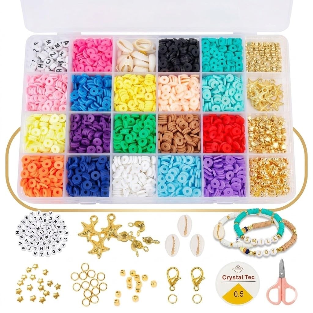 Vinskep Polymer Clay Beads Kit for Bracelet Making - 24 Colors Flat Round Heishi Beads with Letter Beads, Charms, Shells & Elastic String | DIY Jewelry Craft Kit for Girls & Adults-image-32