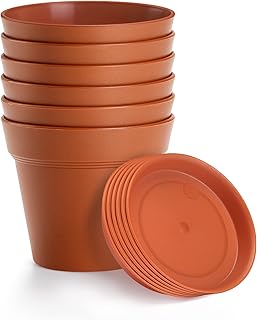 6 Pack Plastic Plant Pots with Drainage Holes and Tray, 7 inch Thickened Indoor Planters Seedlings Nursery Pots for Flowers, African Violet, Succulent and All House Plants, Terracotta