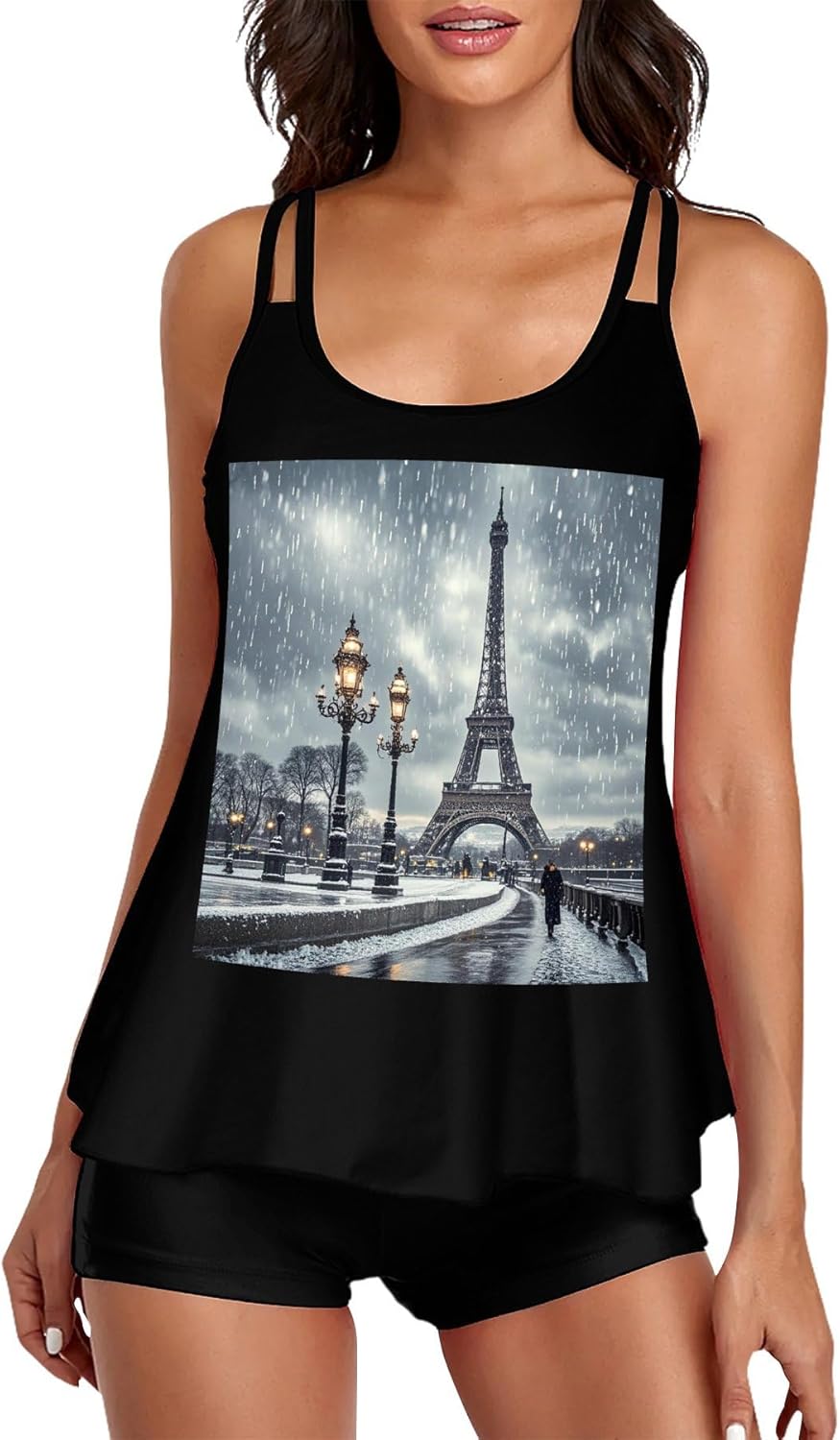 Eiffel Tower Winter Rainy Tankini Swimsuits for Women Tummy Control Two Piece Bathing Suits Swim Tops with Boy Shorts Black
