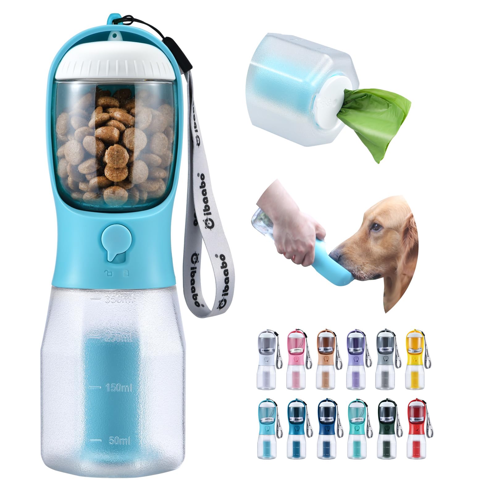 Cibaabo Botella de agua para perros con contenedor de alimentos y soporte para bolsa de excrementos, cuenco de agua de viaje, dispensador portátil de mascotas, accesorios para perros, artículos