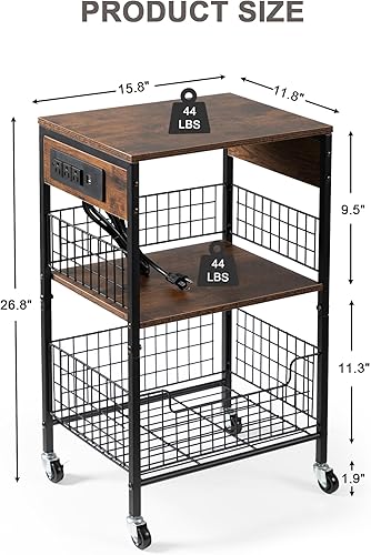 Miniatura 2 de Hadulcet Mesa auxiliar con estación de carga, mesa auxiliar enrollable de 3 niveles con cesta de almacenamiento y ruedas, mesa auxiliar de metal