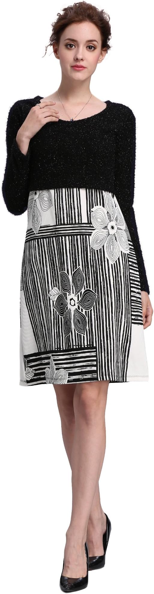Women's 2 Piece Nursing Dress with Sweater Top (Medium, Black Floral)