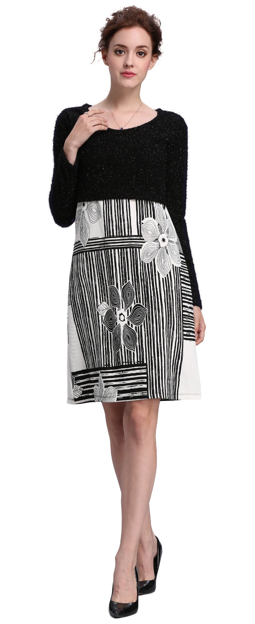 Women's 2 Piece Nursing Dress with Sweater Top (Medium, Black Floral)