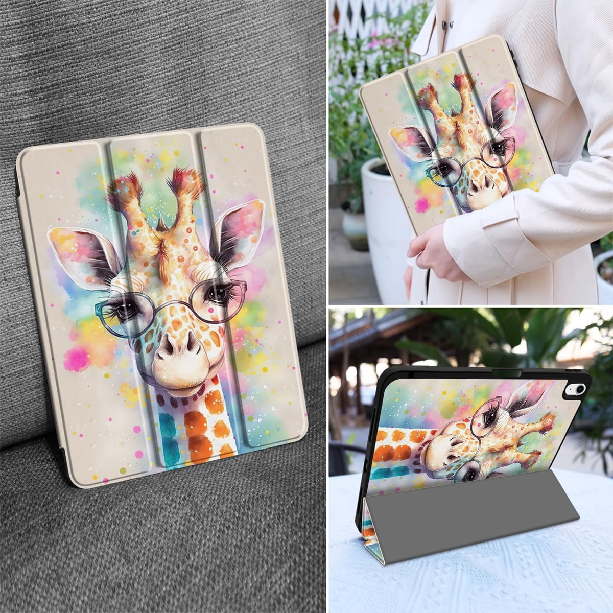 MEEgoodo Case for iPad A16 11th Generation 11 inch 2025/iPad 10th Generation 10.9 inch 2022, Tablet Cover with Trifold Stand + Pencil Holder + Auto Wake/Sleep + Soft TPU Back Cover, Giraffe