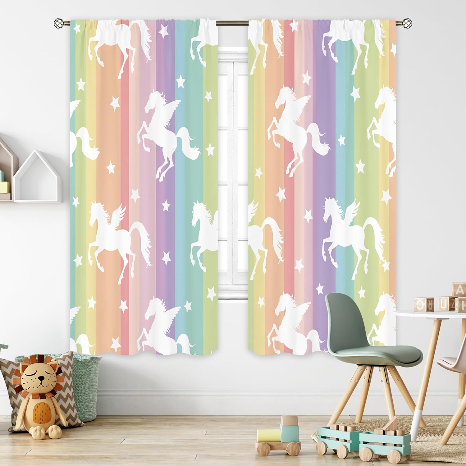 Cinbloo Rainbow Curtains 42Wx63L Inch Rod Pocket Pastel Starts Unicorn for Kids Room Decor Mermaid Child Nursery Princess Teen Girls Playroom Bedroom Living Room Window Drapes 2 Panel