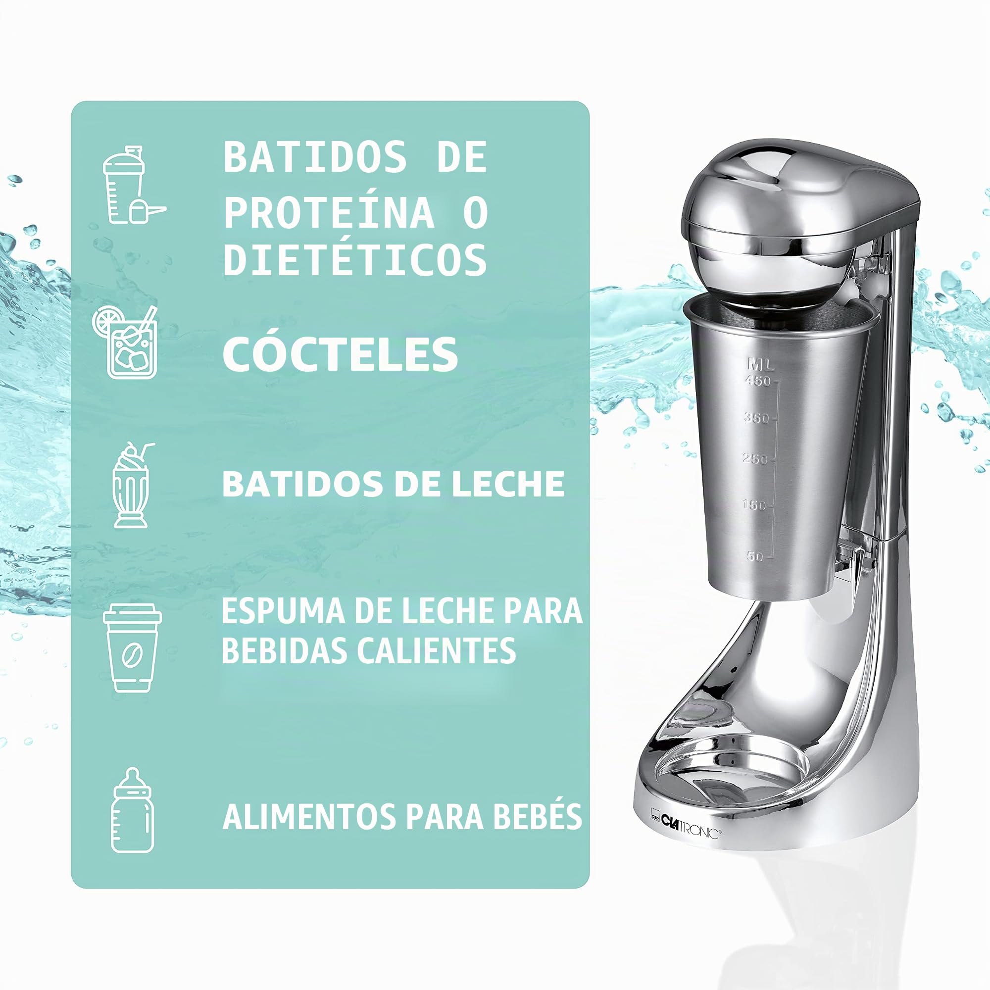 Clatronic® Batidora de bar y espumador de leche en uno, preparador de batidos con recipiente de acero inoxidable de 650 ml y práctico portavasos, batidora con 2 velocidades, 65 W, cromo, BM 3472