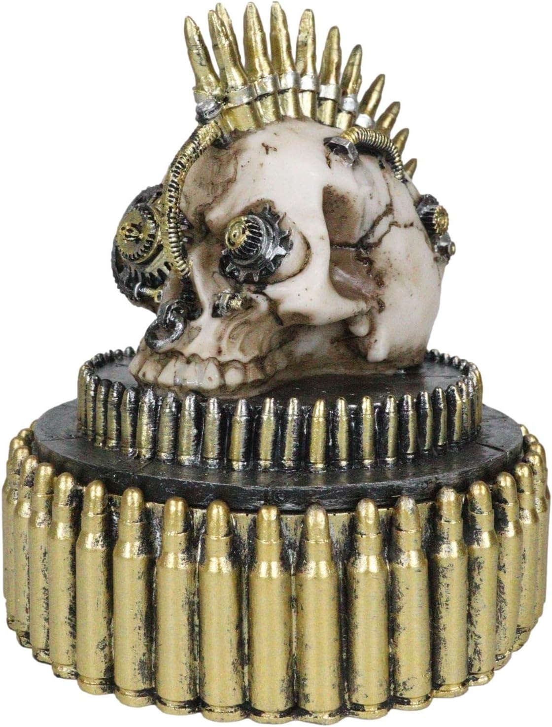 Ebros Gift Steampunk Cyborg Steam Cerebrum Gearwork Rifle Shell Bullets Mohawk War Dog Geared Skull Decorative Stash Jewelry Box Figurine Victorian Sci Fi Skulls Ossuary Oddity Decor