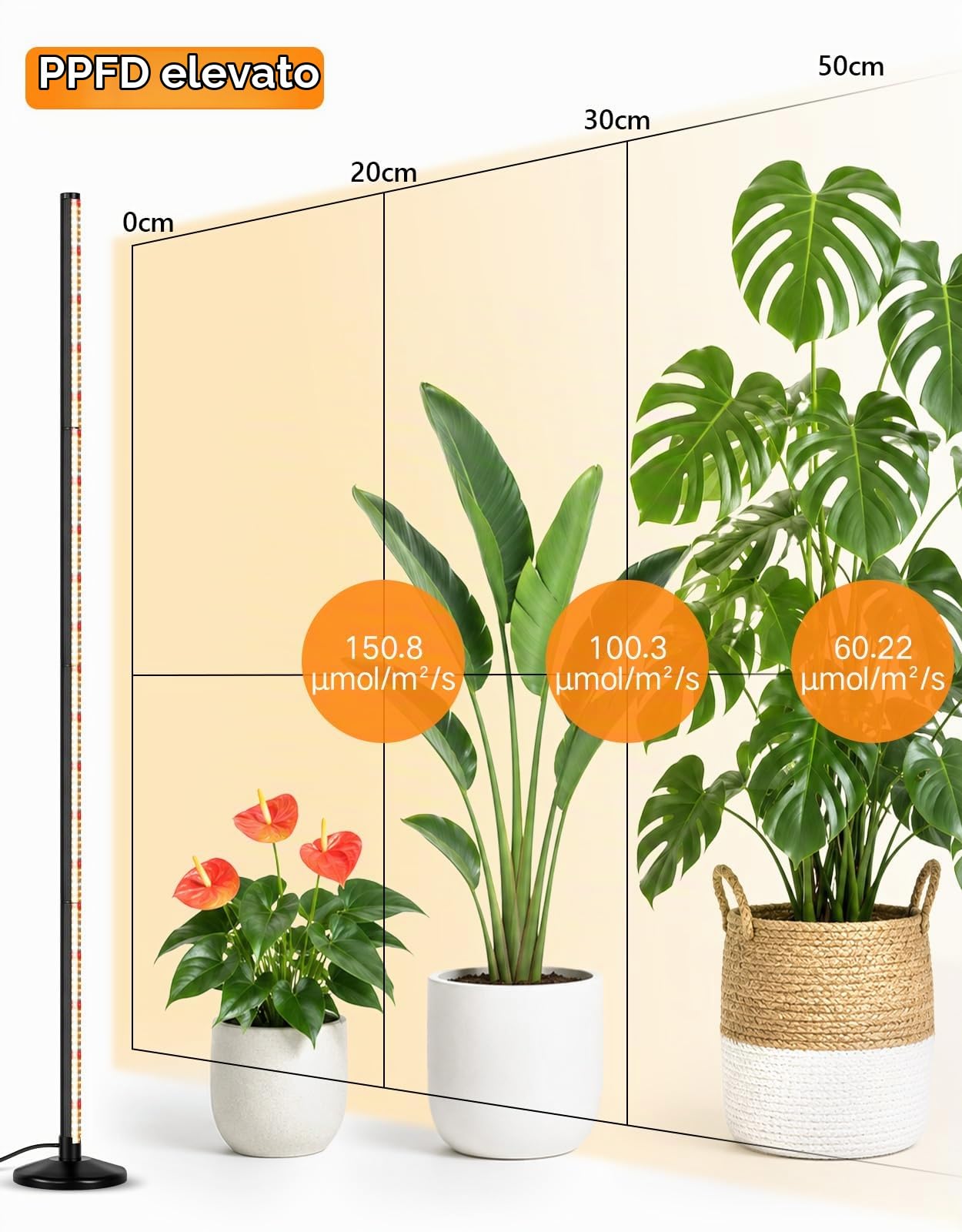 OUTON Lampada per piante da interno a spettro completo, 48 W, 195 cm | 210 LED, 6000 K, CRI 96, spettro completo, 10 livelli, timer 4/8/12 h, telecomando, base tonda, altezza fino a 195 cm