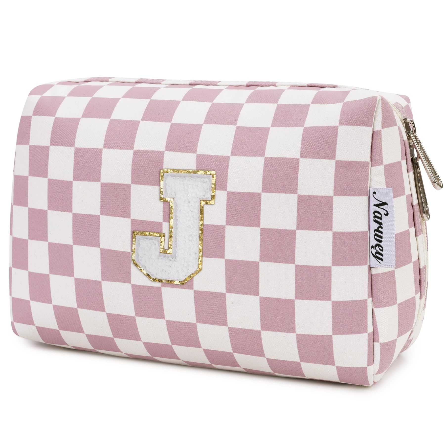 Narwey Birthday Gifts for Teen Girls Kids Women Personalized Initial Checkered Makeup Bag Pink Monogram Cosmetic Bag Trendy Stuff 6 8 10 11 12 13 14