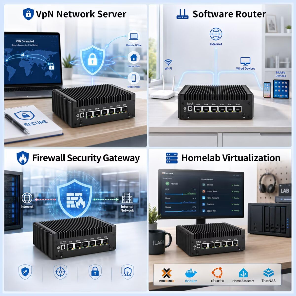 Firewall Fanless Mini PC i3 8130U Hardware DDR3L 16G RAM 128G SSD OPNsense | 6 x i226V 2.5GbE LAN, Micro Industrial Appliance Router, AES-NI, DP9 COM, E Key, USB-C, SIM Card Slot