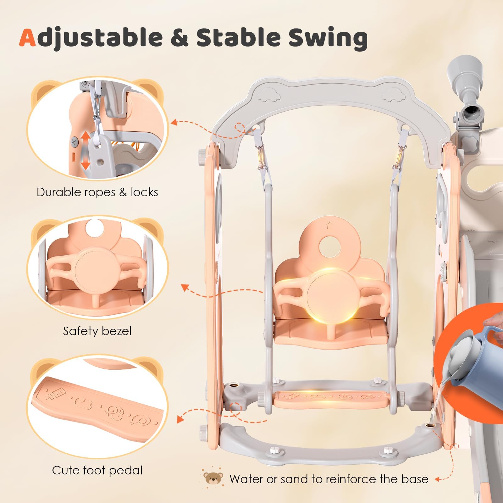 Scivolo per bambini, scivolo per bambini piccoli indipendente con canestro da basket, attrezzatura per parco giochi con scivolo per bambini, scivoli per bambini all'aperto (Beige Rosa- 6 in 1)
