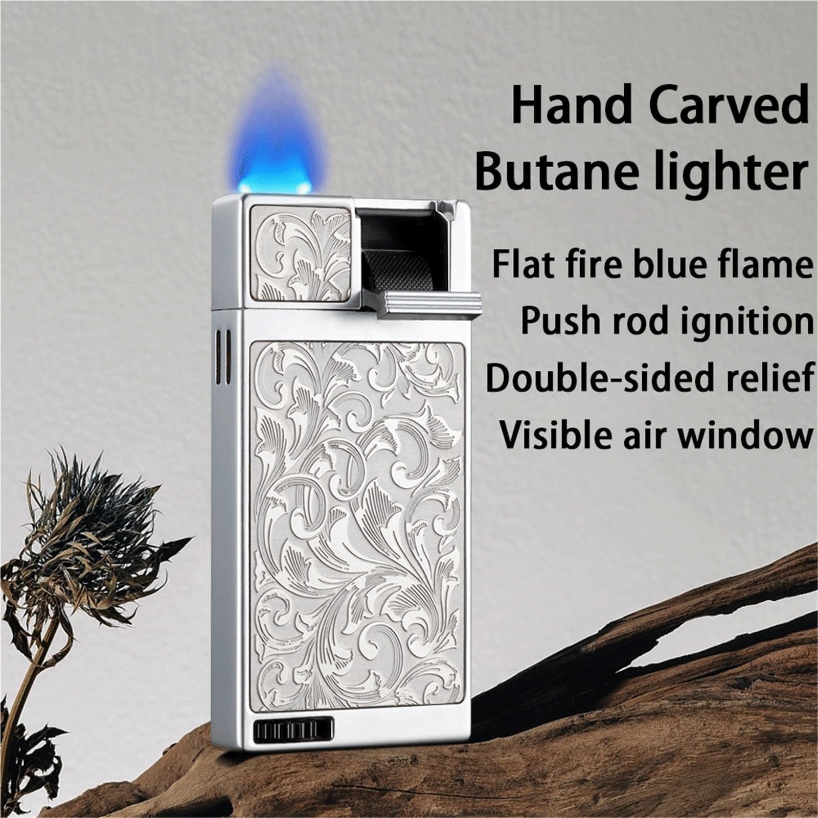 Briquet coupe-vent au butane double face, allumage à bascule, réservoir de gaz transparent, idéal pour le camping et l'extérieur, carburant non inclus