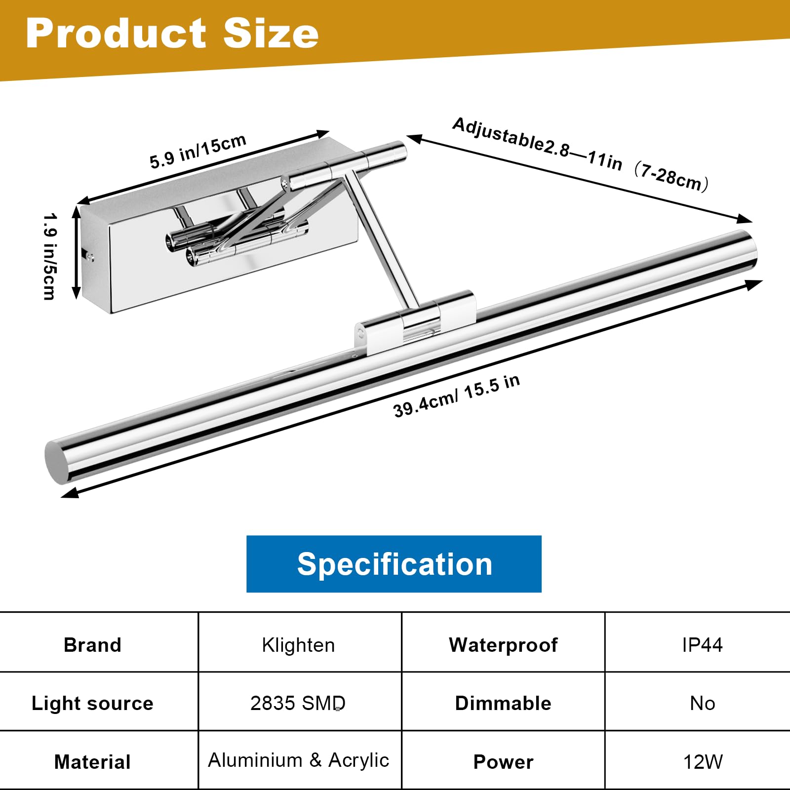 Klighten Lampada Da Specchio Bagno 40cm, Rotante IP44, 12W 970 LM LED, Applique Moderna In Alluminio, Bianco Freddo 5500K, Cromo