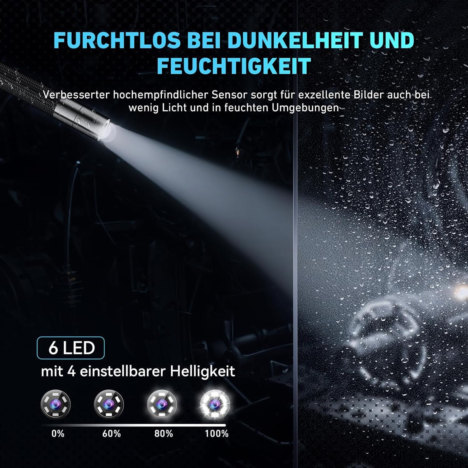 Probe tip with 6 LEDs and adjustable brightness levels