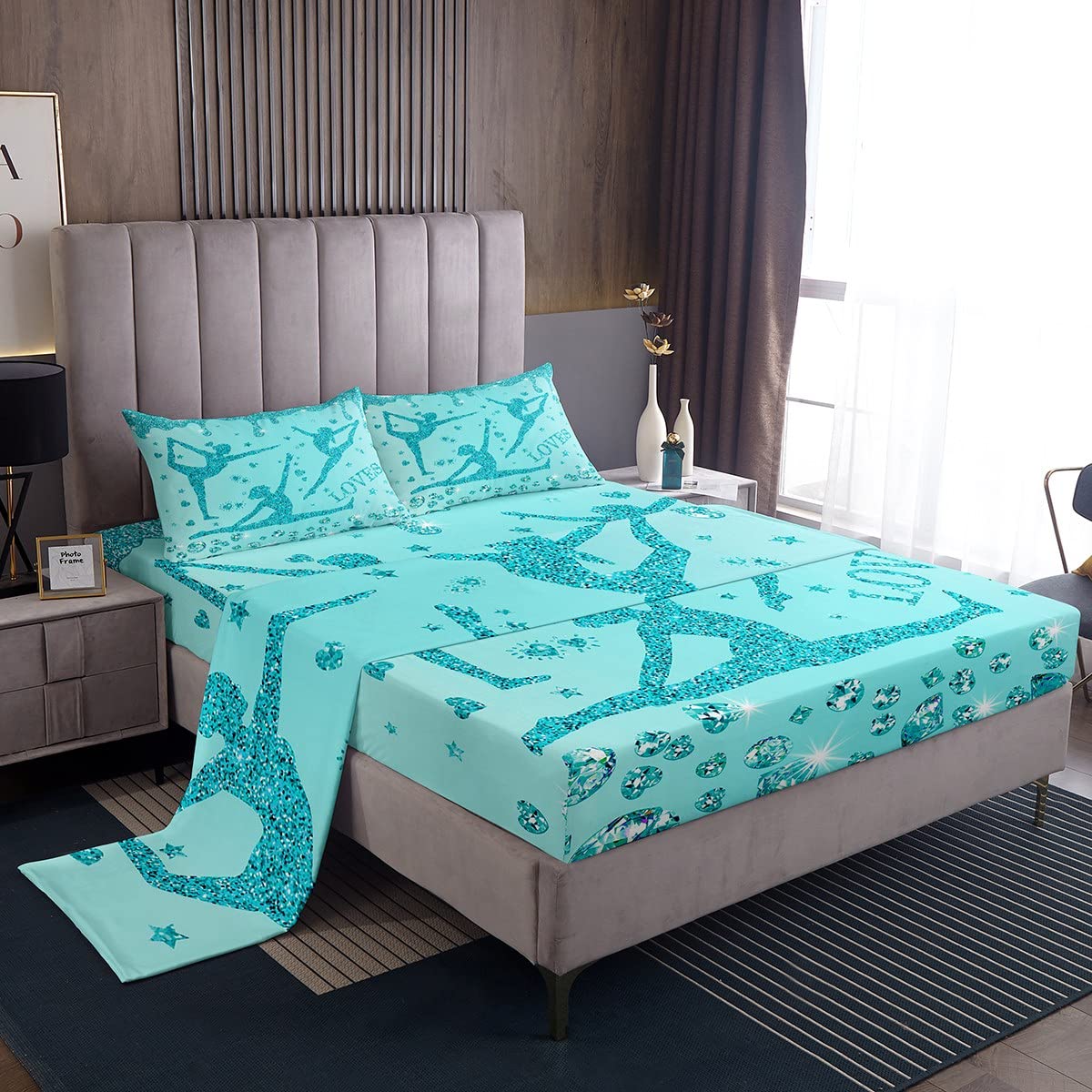 Erosebridal Teal Glitter Gymnastics Bedding Set Full Teen Girls Blue Sequins Diamond Bed Sheets for Gymnast,Gymnastics Lover Sheet Set Love Hearts Stars Fitted Sheet + Flat Sheet + 2 Pillow Cases