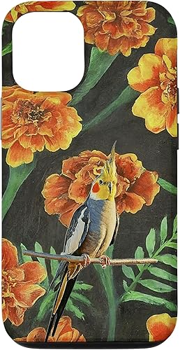 iPhone 14 Pro Cockatiel Orange Yellow Marigolds Vintage Flower Pattern Case