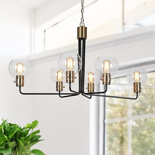 Miniatura 1 de Durent Lighting Candelabro de comedor, lámpara de araña de oro negro con 6 luces, lámpara colgante grande de 35 pulgadas para entrada, cocina, sala