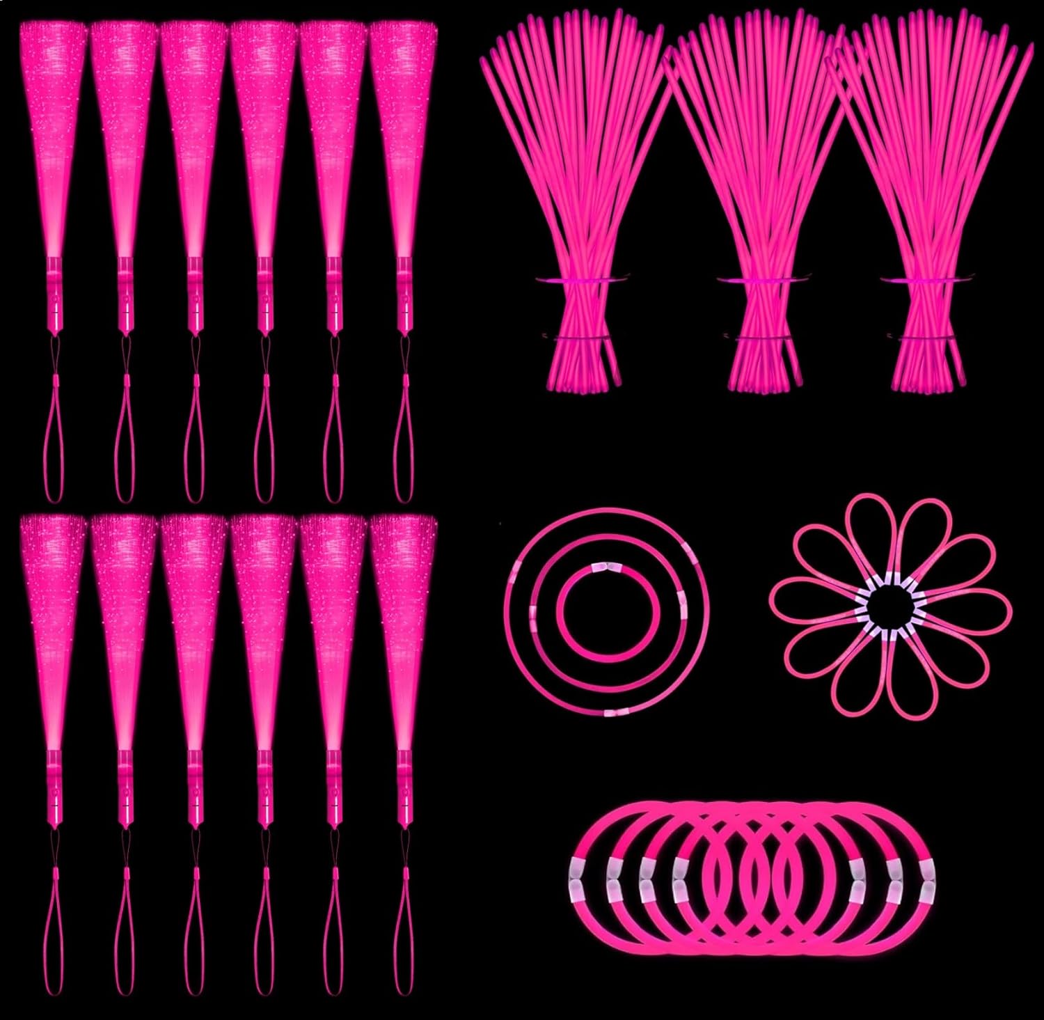 112 Pcs Pink Light Up Wand Glow Sticks Party Favors 100 Glowstick Necklaces Bracelets with Connectors 12 Fiber Optic Wand for Valentine's Day, Wedding,Nneon Party,July 4th, Halloween,Christmas