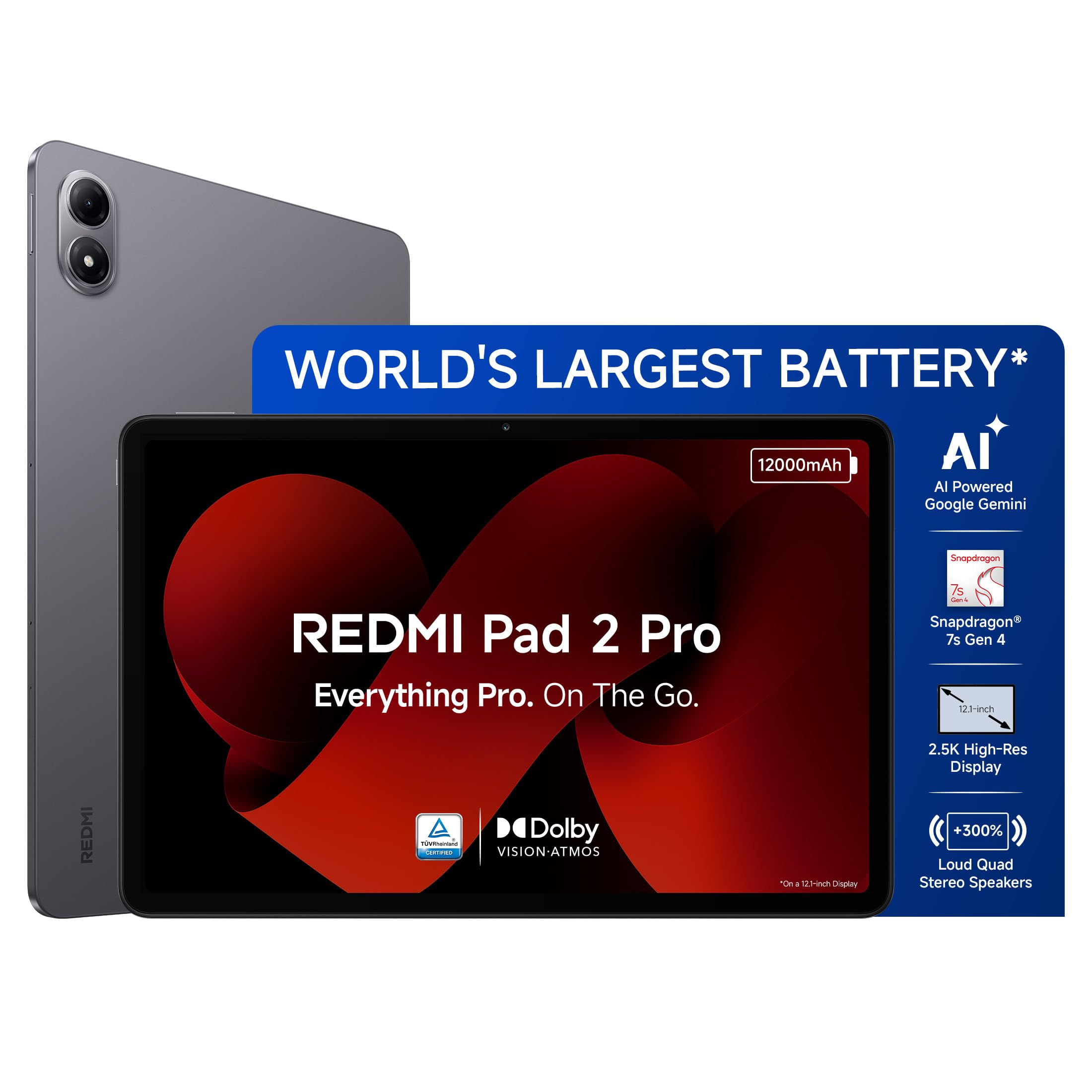 Redmi Pad 2 Pro [Smartchoice] | 12000mAh | Snapdragon 7s Gen 4 | 12.1-inch, 2.5K Display | 83+ Days Standby | HyperOS 2 | 120Hz | Dolby Vision Atmos | Wi-Fi 6| AI Powered | 8GB,128GB | Graphite Grey