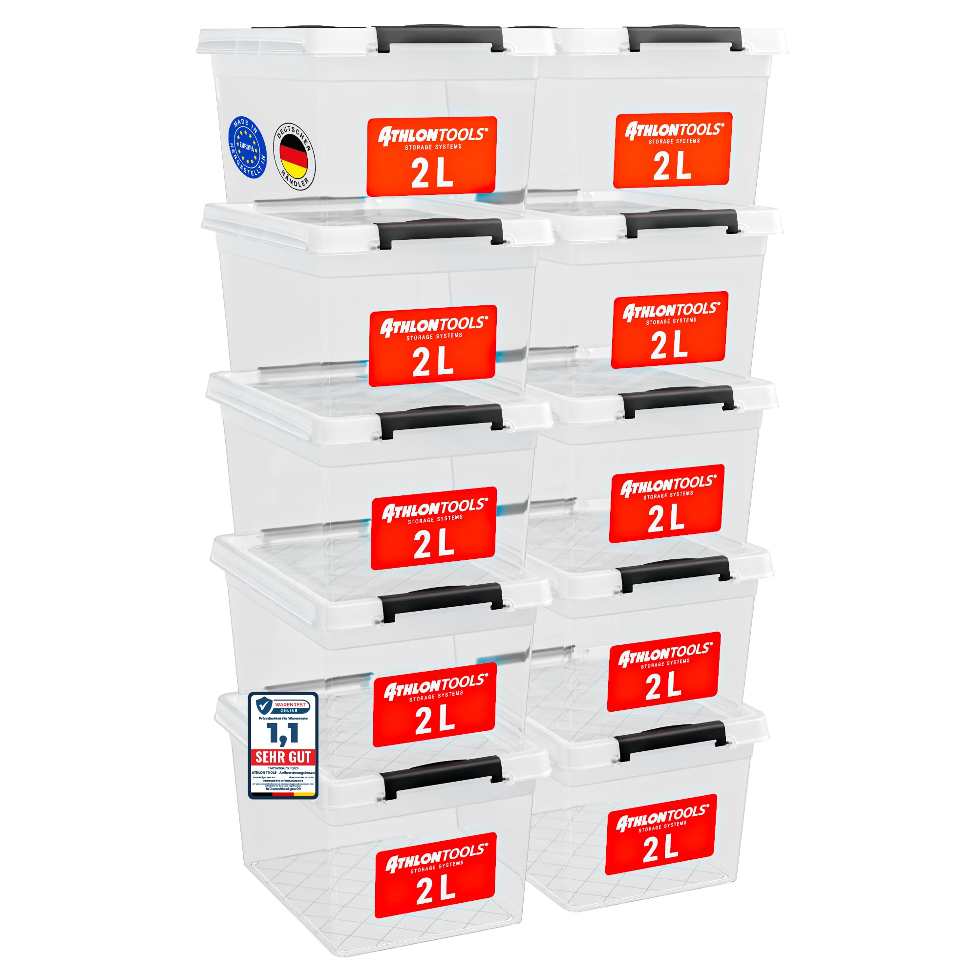 ATHLON TOOLS 10er Set 2l Aufbewahrungsbox mit Deckel klein - 100% Lebensmittelecht BPA frei - Plastikbox mit Deckel stapelbar - Aufbewahrung & Ordnung - Kunststoff Stapelboxen aus Neumaterial