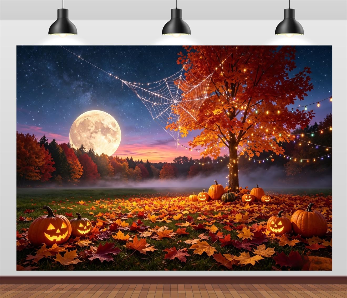 15x10FT (4.6x3m) Albero Halloween Sul Lago Sotto La Luna Sfondo Fotografico | Parco Festivo Di Zucche Al Chiar Di Luna Fondale In Tessuto,Lucine Ragnatela Acqua,Per Feste Halloween E Foto,Photo Booth