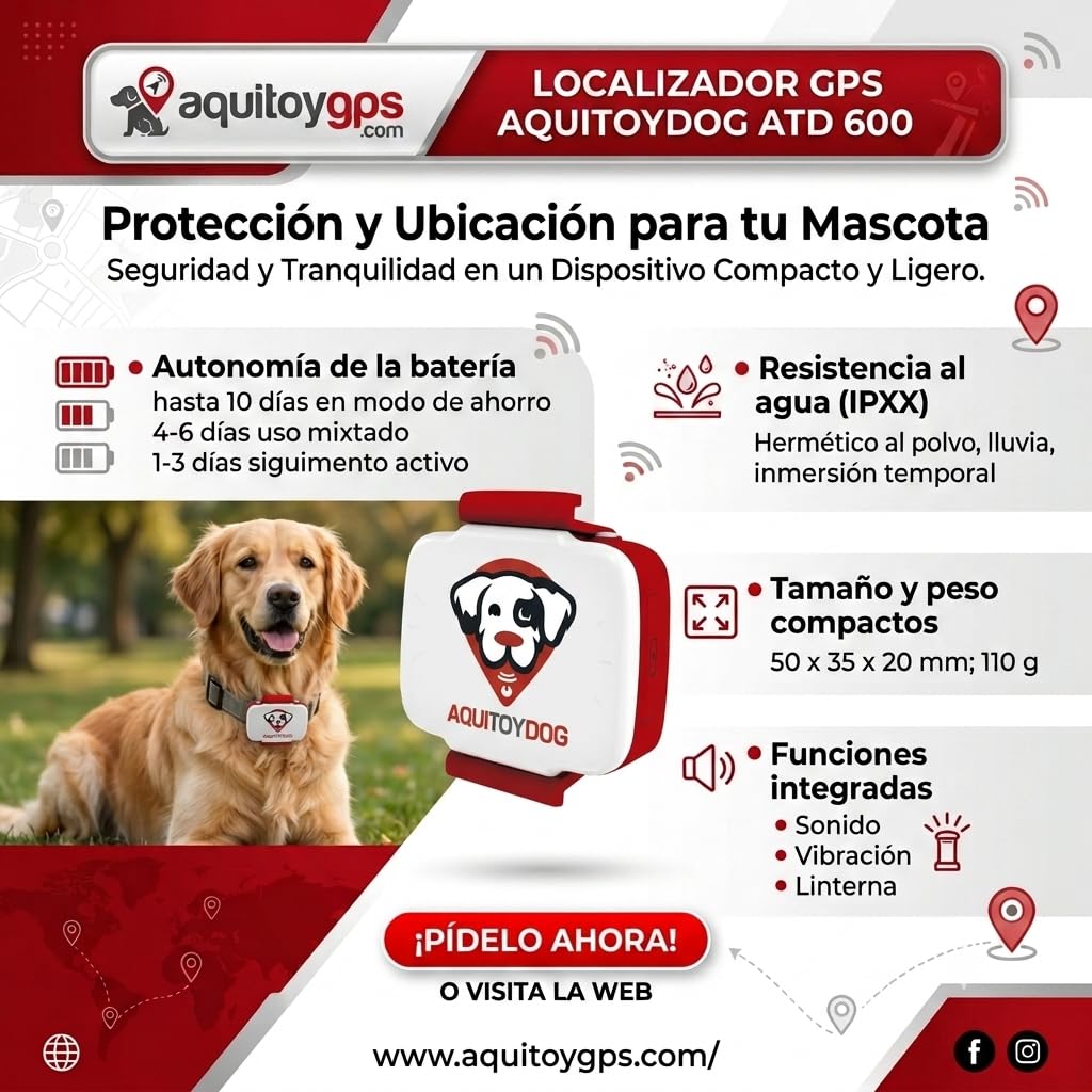 Localizador GPS ATD AL600 para Mascotas, rastreo en Tiempo Real Desde una App, monitorización de Actividad, Zonas seguras, alarmas sonoras y Luminosas.